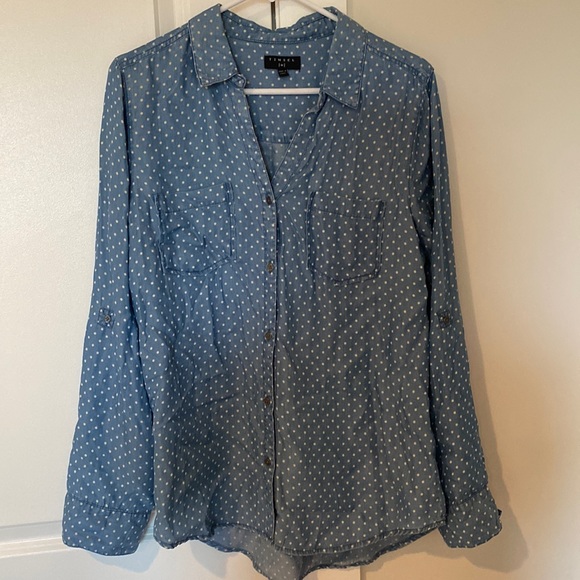 Blue/white Polka dot chambray button up - Picture 1 of 6